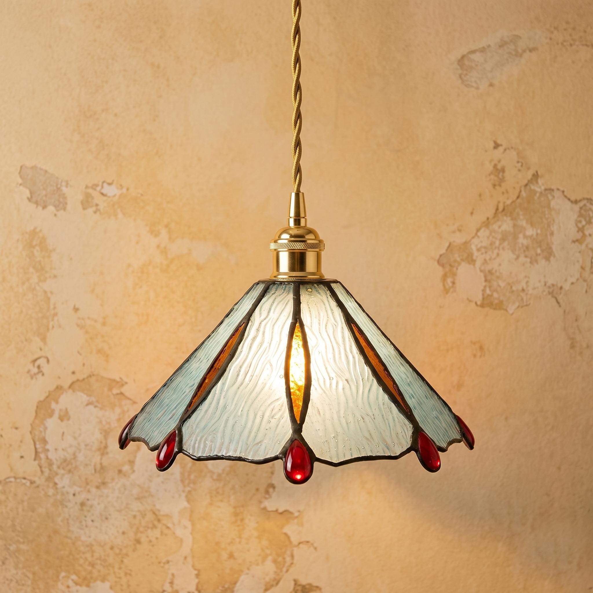 Handmade Stained Glass Pendant Light, Aqua Blue Tiffany Style Hanging Lamp,Floral Glass Ceiling Light, Ruby Red Accent Cottagecore Decor