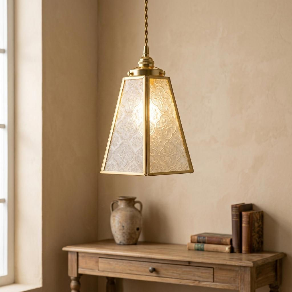 Gold Patterned Glass Pendant Light, Vintage Boho Hanging Lamp, Small Brass Fixture