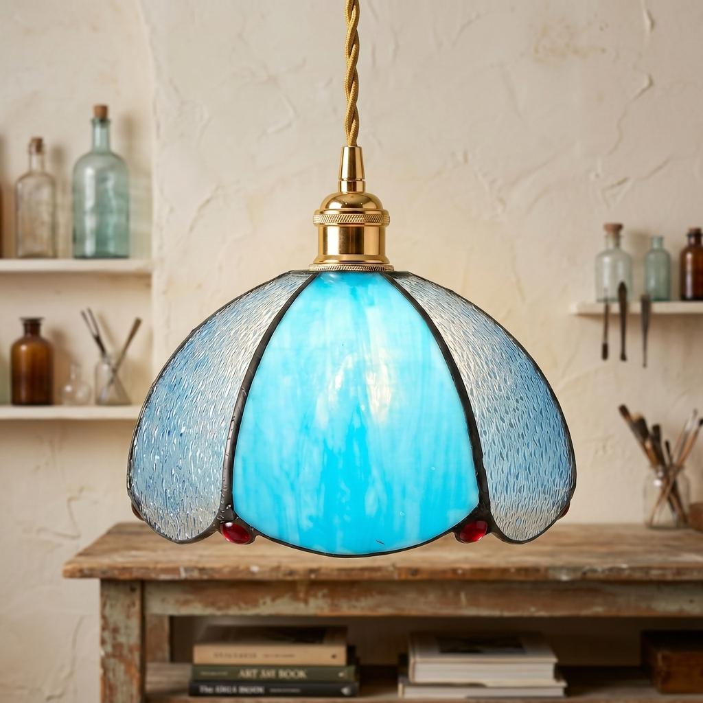 Aqua Blue Stained Glass Dome Pendant Light, Art Nouveau Ceiling Lamp