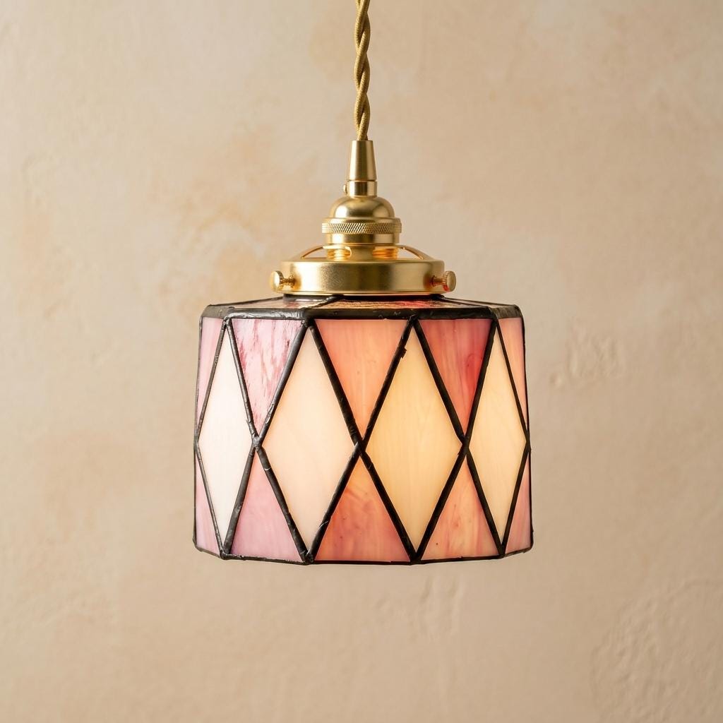 Small Pink Stained Glass Pendant Light, Peach Cream Geometric Hanging Lamp, Tiffany Style Ceiling Light, Boho Vintage Decor