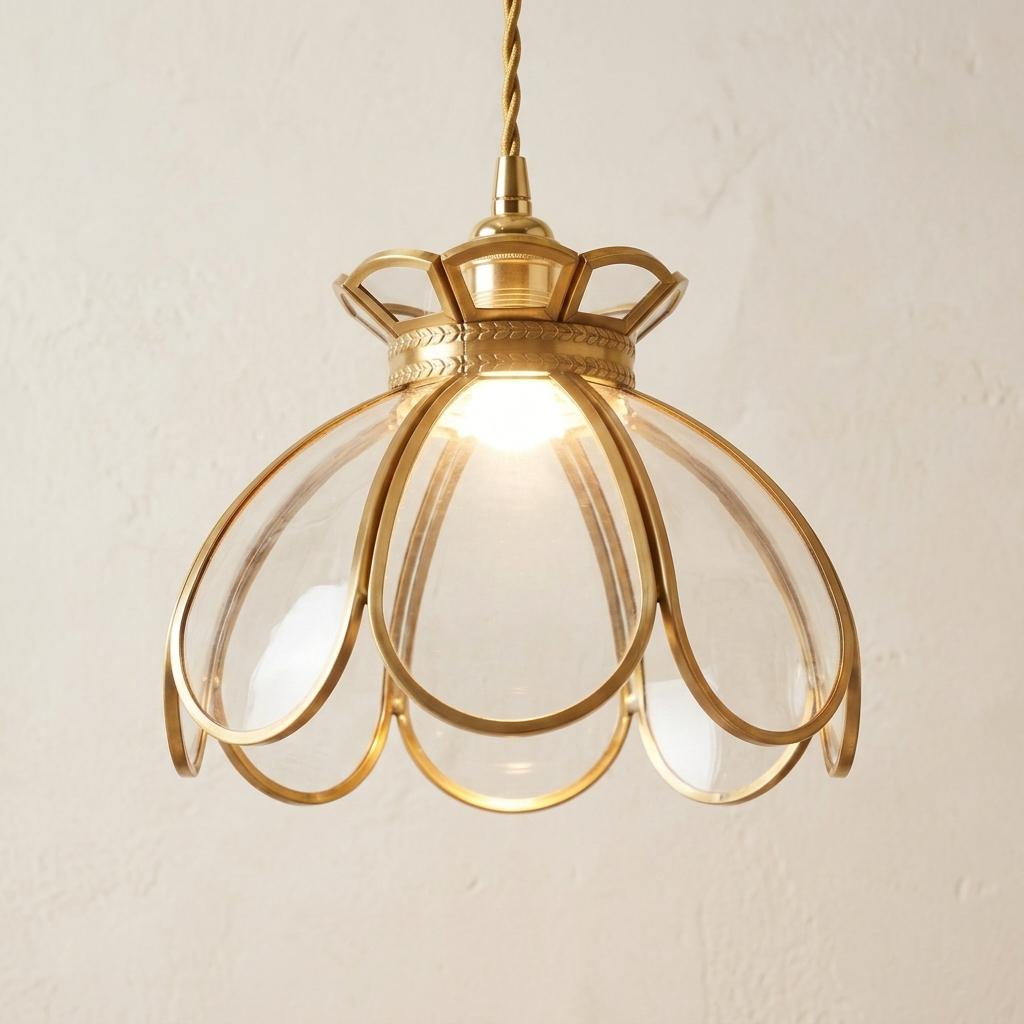 Clear Glass Flower Pendant Light Shade, Brass Petal Dome Lampshade, Vintage Cottage Lighting
