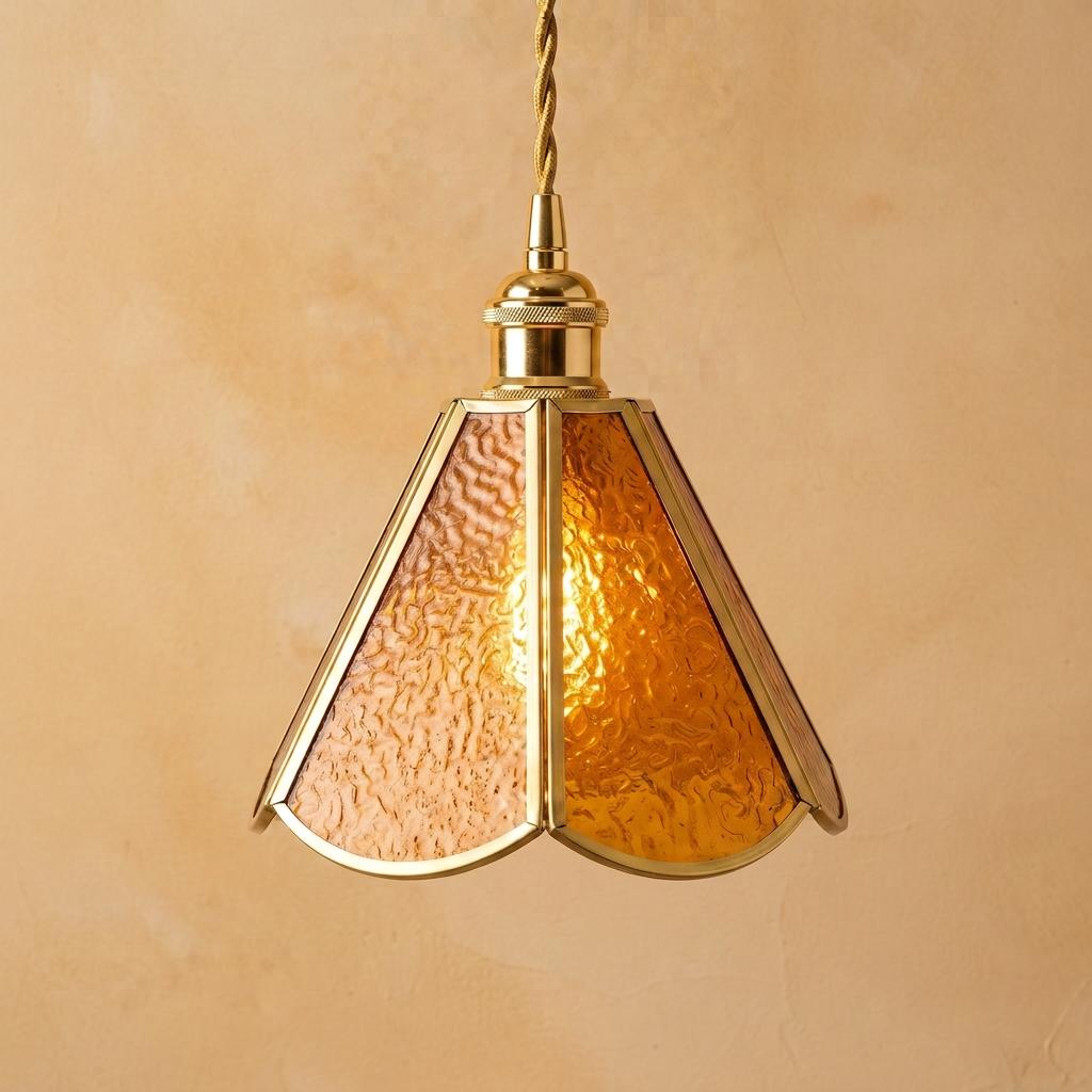 Amber Scalloped Glass Pendant Light, Vintage Style Cottagecore Hanging Lamp