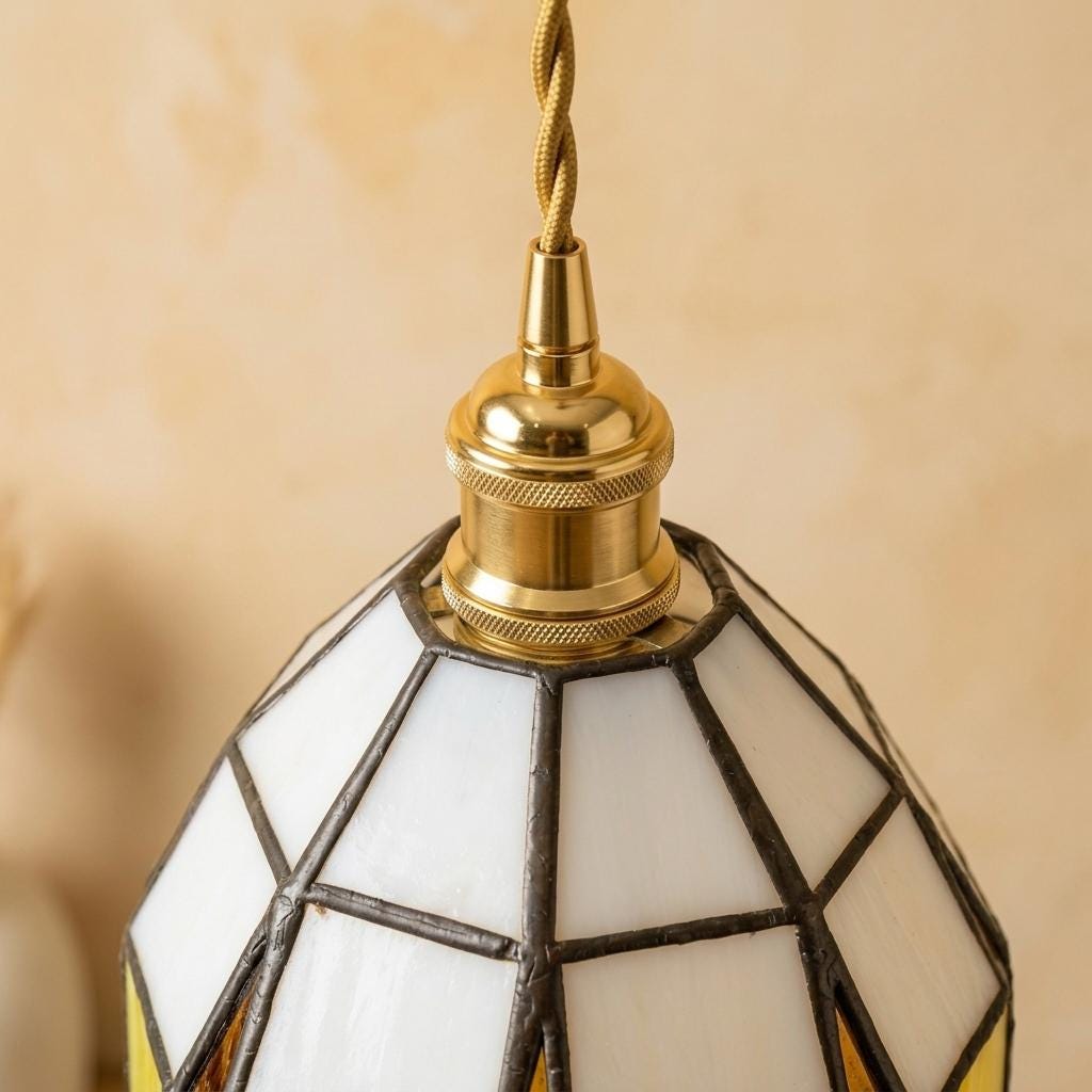 Yellow Stained Glass Pendant Light, Small Tiffany Style Hanging Lamp, White Scalloped Glass Ceiling Light, Vintage Cottage Decor