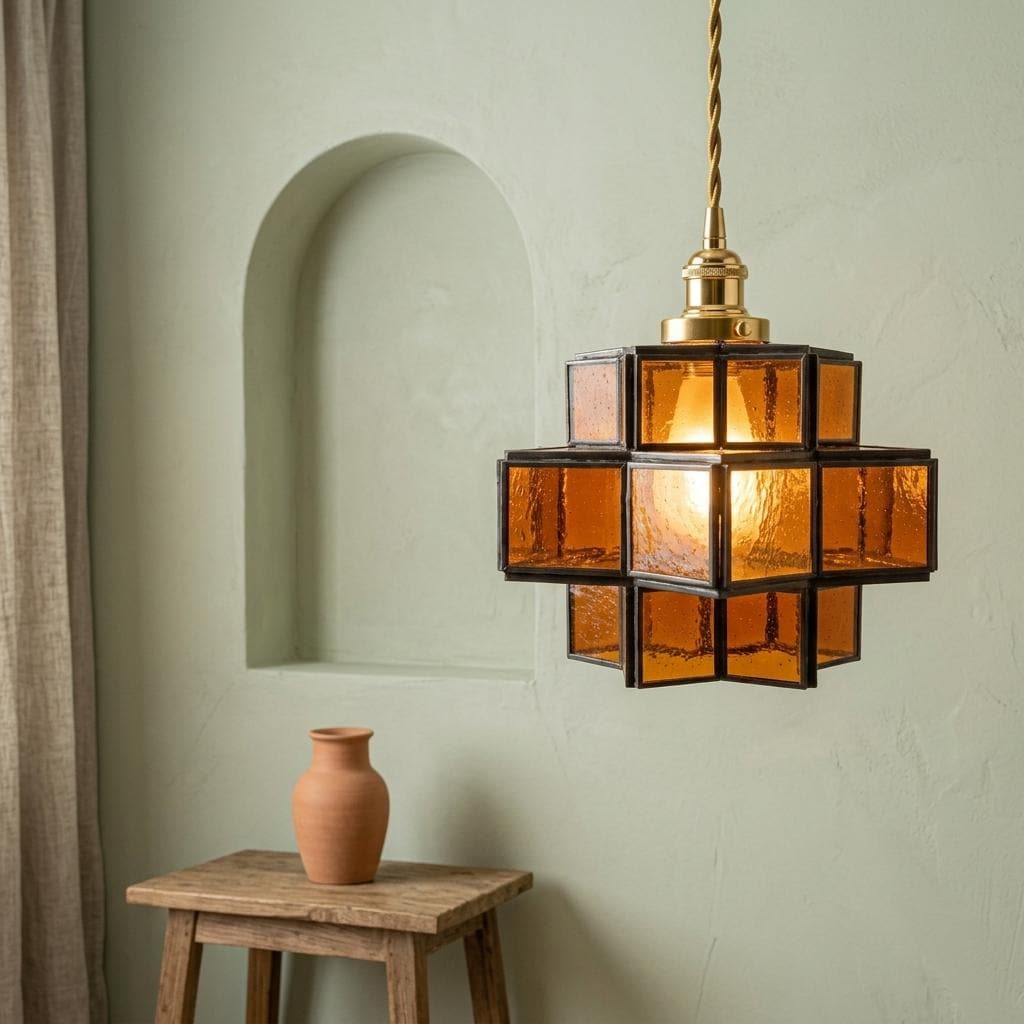 Amber Geometric Stained Glass Pendant Light, Tiered Cube Hanging Lamp