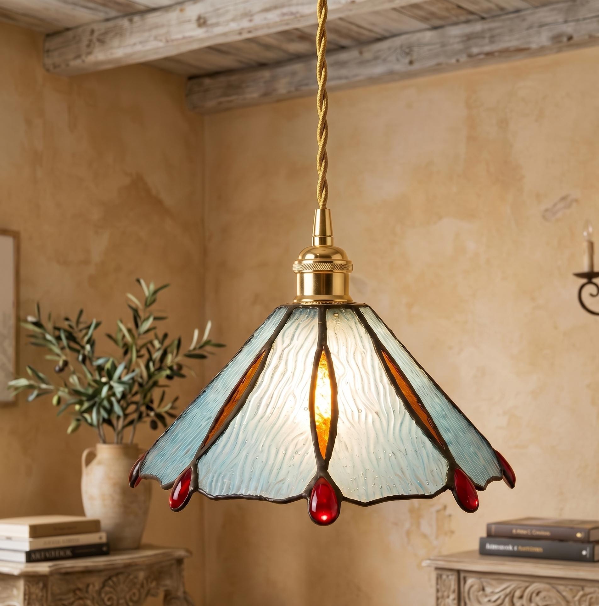 Handmade Stained Glass Pendant Light, Aqua Blue Tiffany Style Hanging Lamp,Floral Glass Ceiling Light, Ruby Red Accent Cottagecore Decor