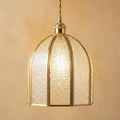 Textured Glass Dome Pendant Light, Brass Frame, Vintage Stained Glass Hanging Lamp