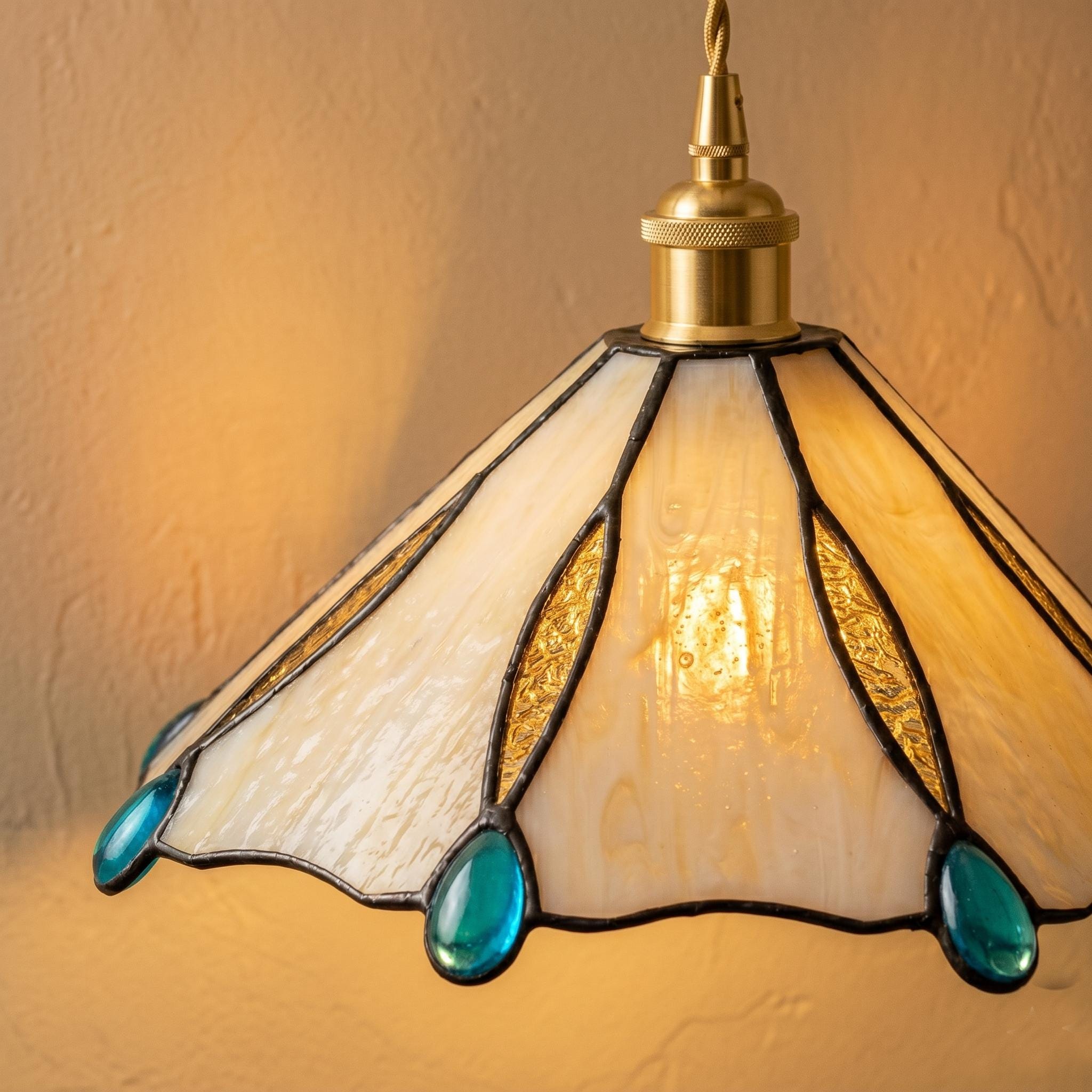 Handmade Stained Glass Pendant Light, Tiffany Style Hanging Lamp, Cream Amber Aqua Glass Ceiling Light, Vintage Cottagecore Kitchen Lighting