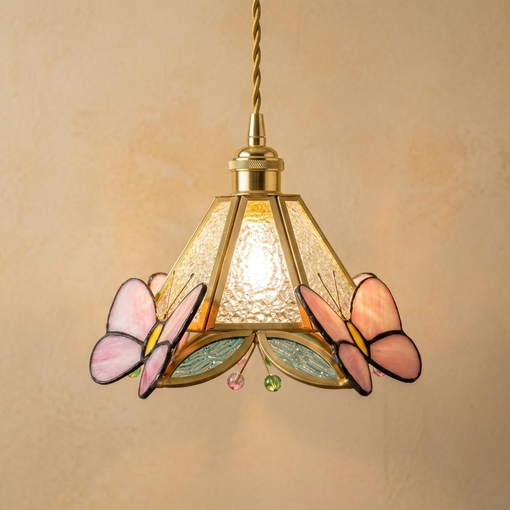 Stained Glass Butterfly Pendant Light Shade, Pink Cottagecore Art Nouveau Lamp