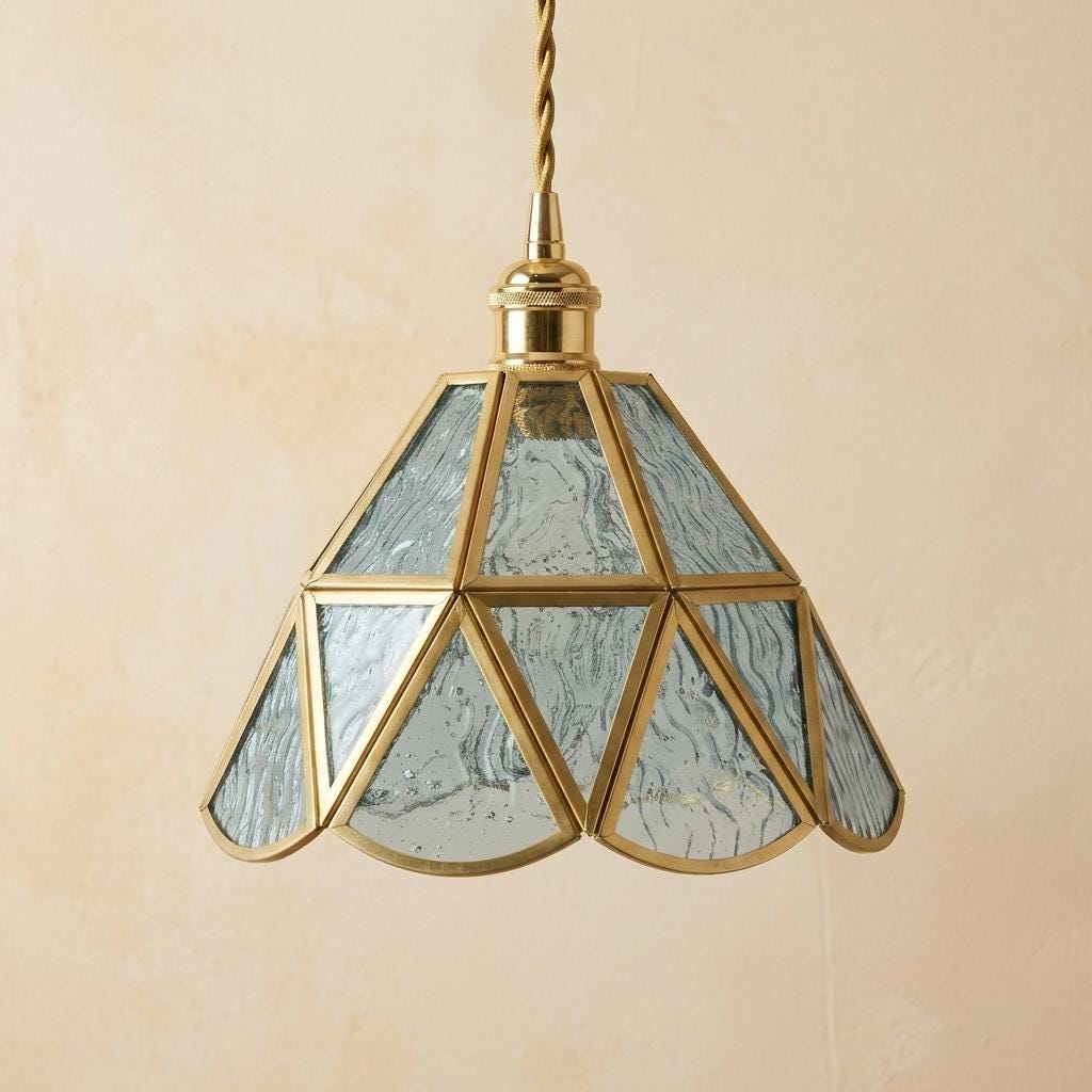 Aqua Blue Stained Glass Pendant Light, Geometric Hanging Lamp, Vintage Style Ceiling Fixture