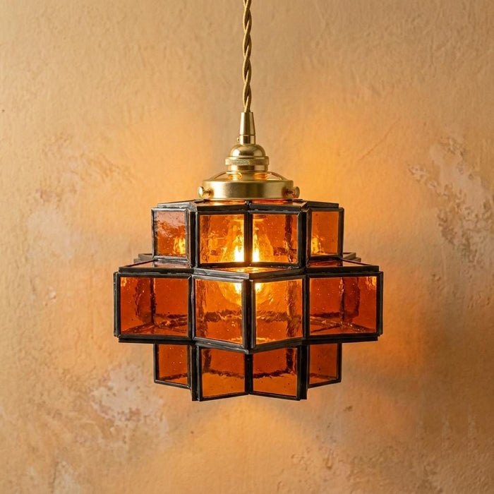 Amber Geometric Stained Glass Pendant Light, Tiered Cube Hanging Lamp