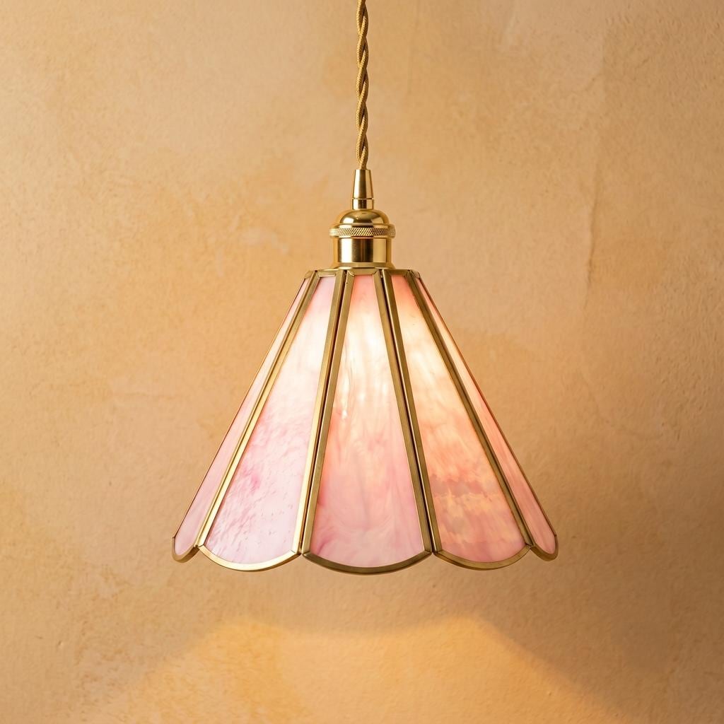 Pink Scalloped Stained Glass Pendant Light, Floral Cottagecore Hanging Lamp