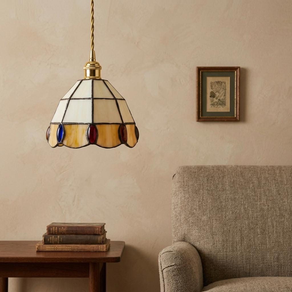 Stained Glass Pendant Light, Cream and Amber Scalloped Mini Hanging Lamp, Tiffany Style Jewel Accent Ceiling Light