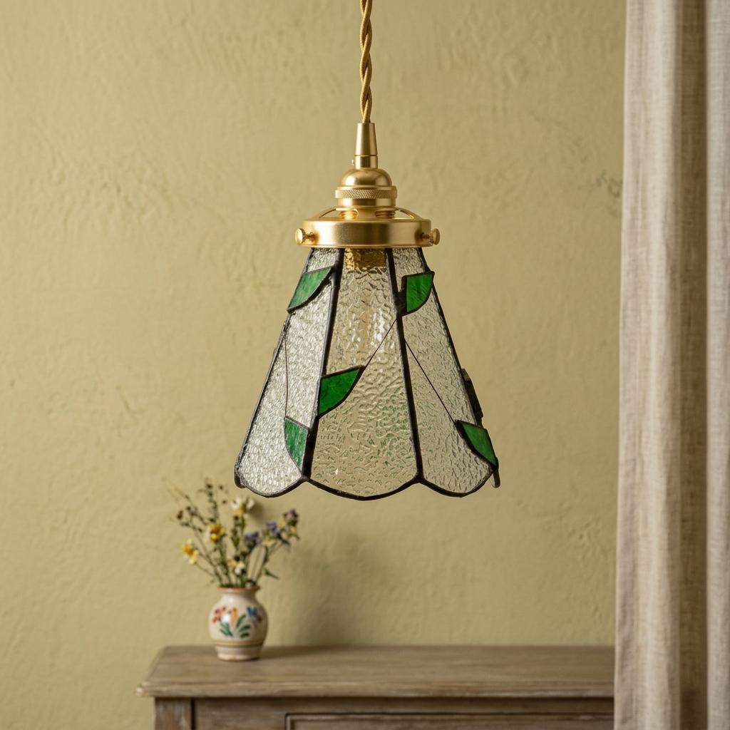 Stained Glass Pendant Light, Clear Textured Glass Hanging Lamp with Green Leaf Motif, Small Tiffany Style Ceiling Light