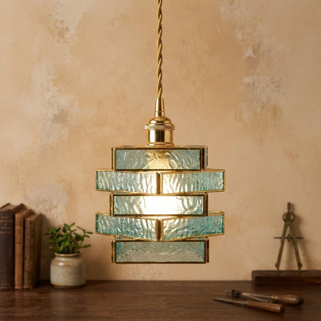 Aqua Blue Glass Stained Pendant Light, Stacked Geometric Brass Hanging Lamp