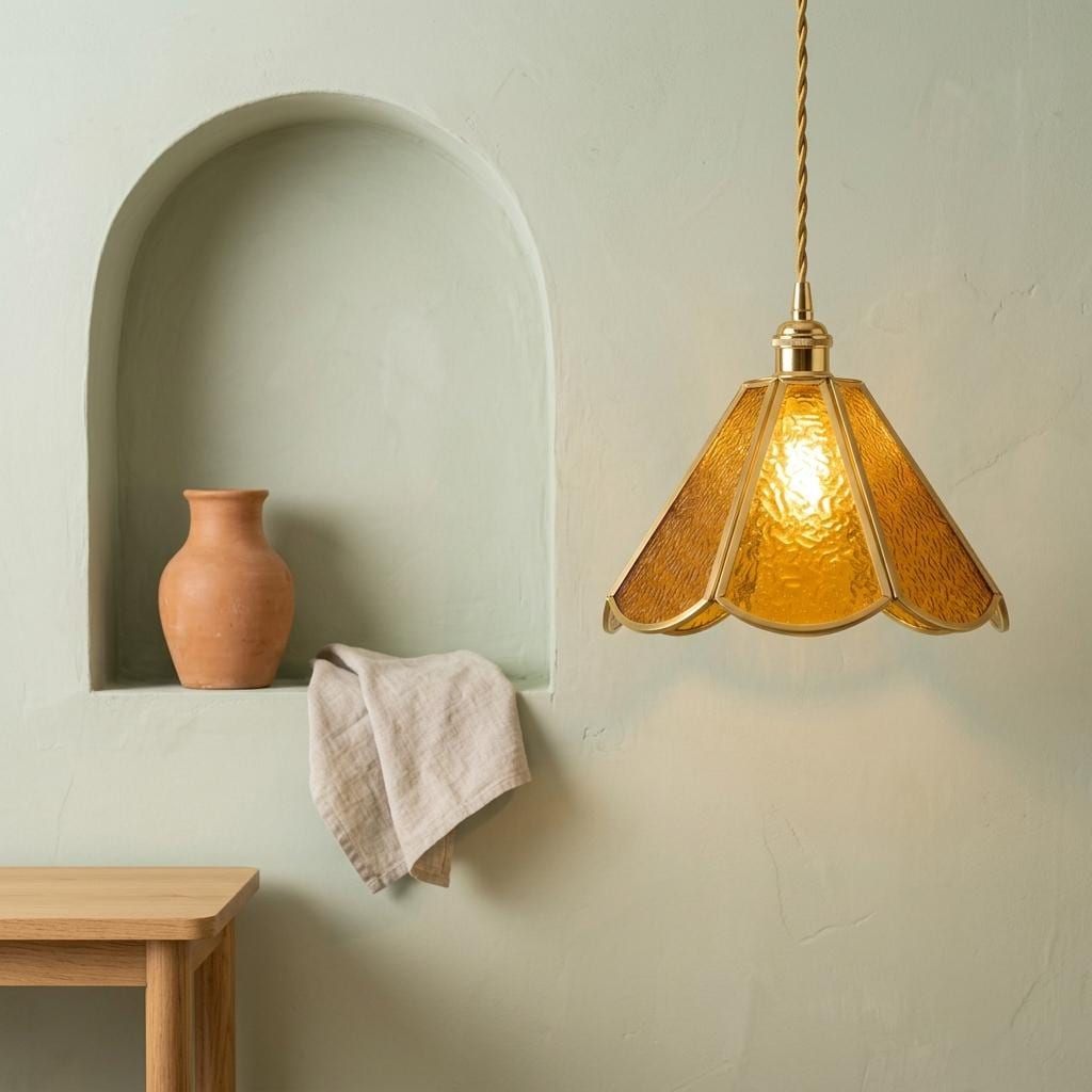 Amber Scalloped Glass Pendant Light, Vintage Honey Gold Ceiling Fixture