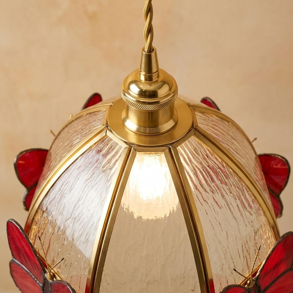 Red Butterfly Stained Glass Pendant Light, Tiffany Style Hanging Lamp, Handmade Cottagecore Lamp, Whimsical Kitchen Island Decor
