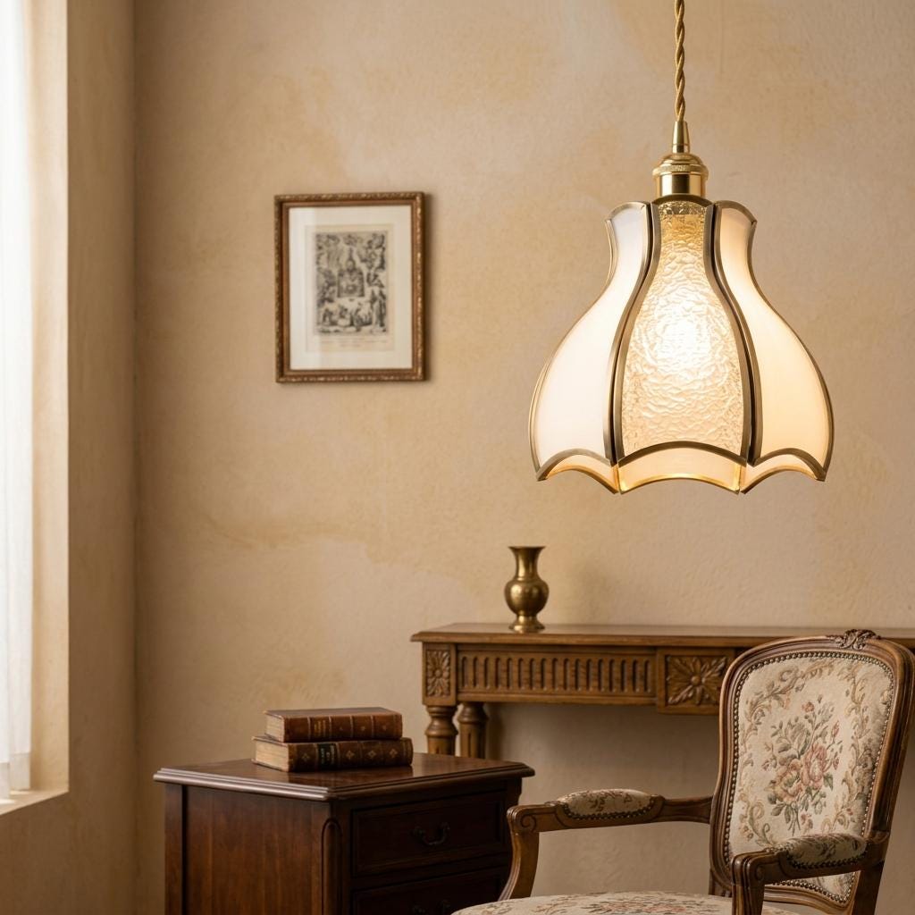 White Textured Glass Tulip Pendant Light, Vintage Brass Tone Ceiling Fixture