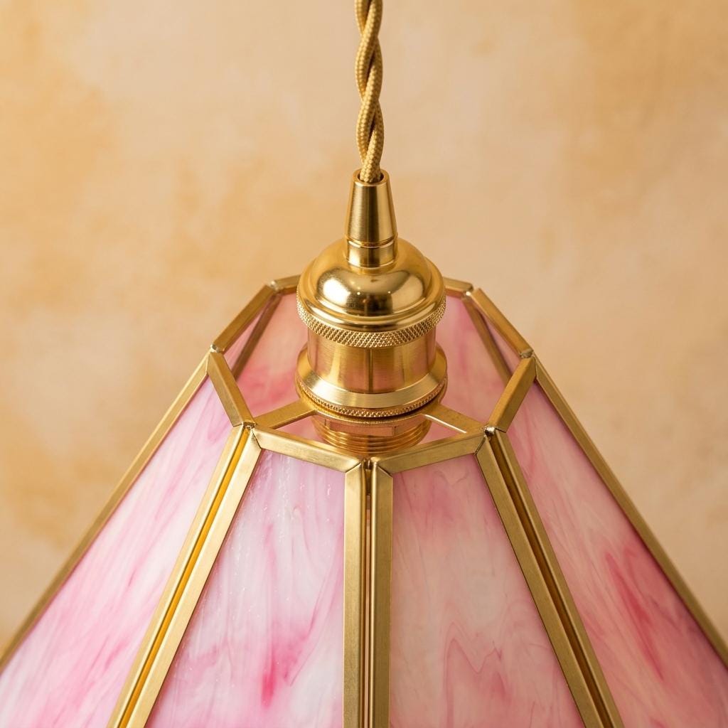 Pink Stained Glass Pendant Light, Scalloped Flower Petal Hanging Lamp, Tiffany Style Cottagecore Ceiling Fixture