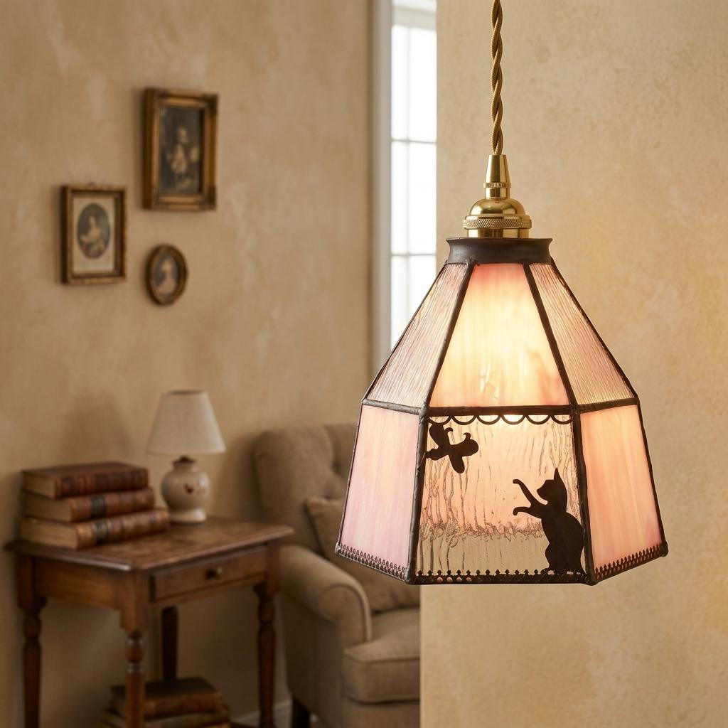 Handmade Pink Stained Glass Cat Lampshade, Vintage Style Replacement Shade