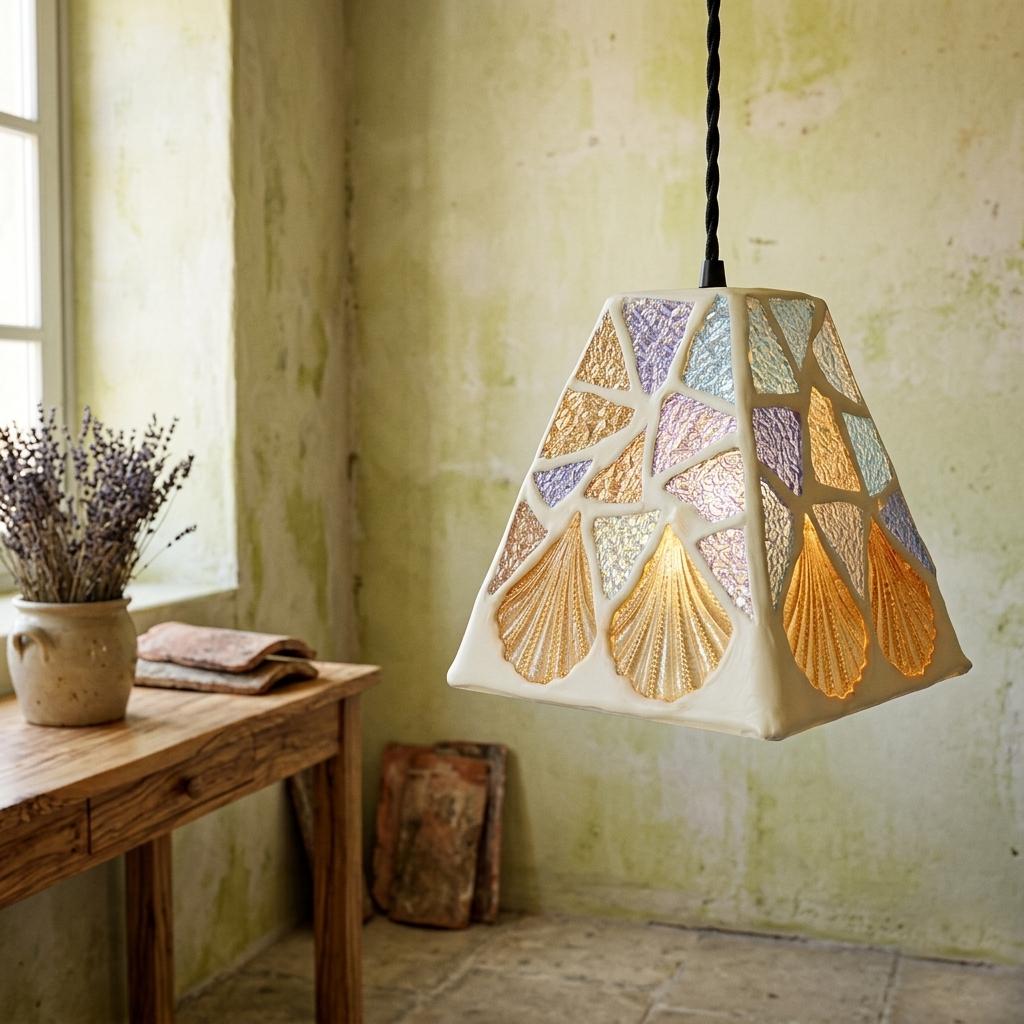 Handcrafted Mosaic Glass Pendant Light , Amber Lavender Seafoam Shell Art Lamp