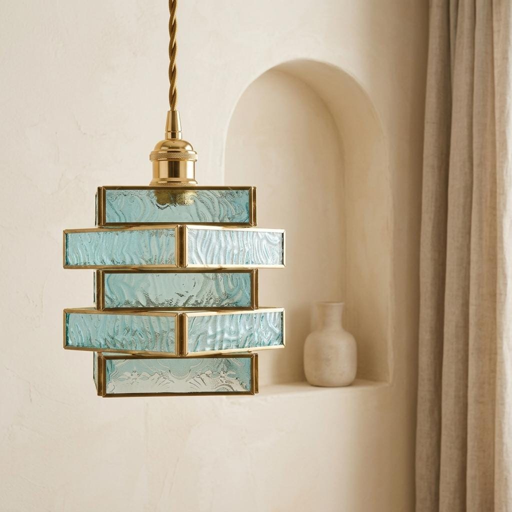 Aqua Blue Glass Stained Pendant Light, Stacked Geometric Brass Hanging Lamp