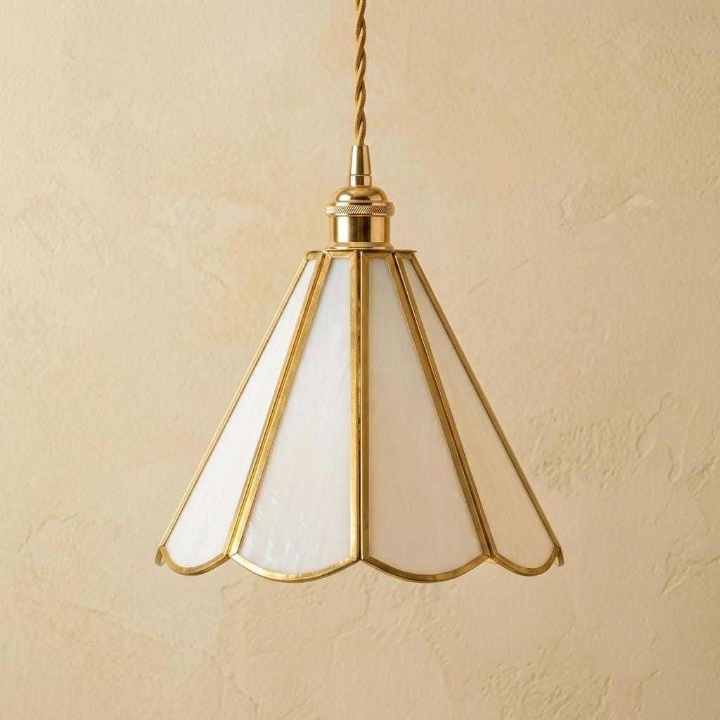 Stained Glass Pendant Light, Ivory White Scalloped Hanging Lamp, Tiffany Style Gold Ceiling Fixture, Cottagecore Kitchen Lighting