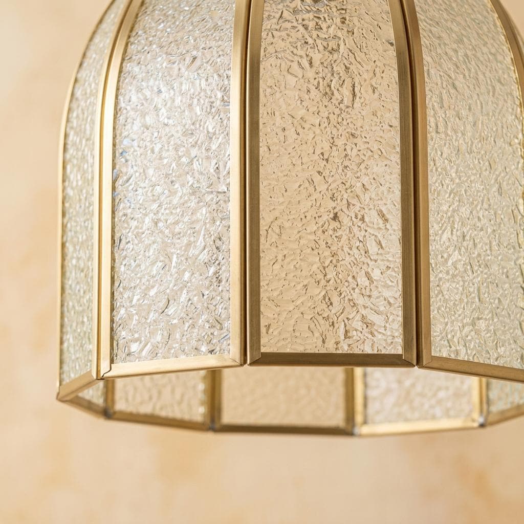 Textured Glass Dome Pendant Light, Brass Frame, Vintage Stained Glass Hanging Lamp
