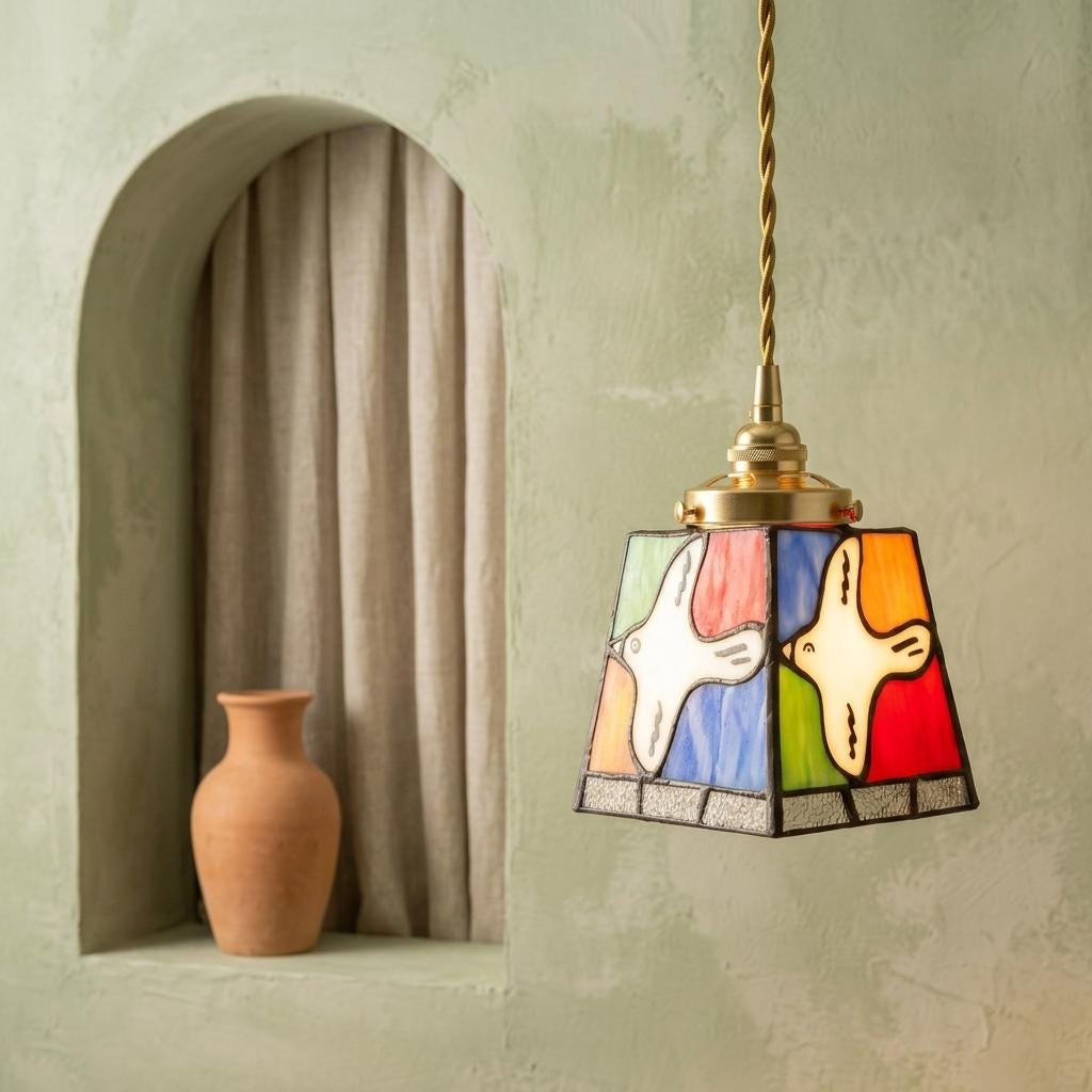 Handmade Stained Glass Pendant Light, White Bird Hanging Lamp, Colorful Boho Fixture