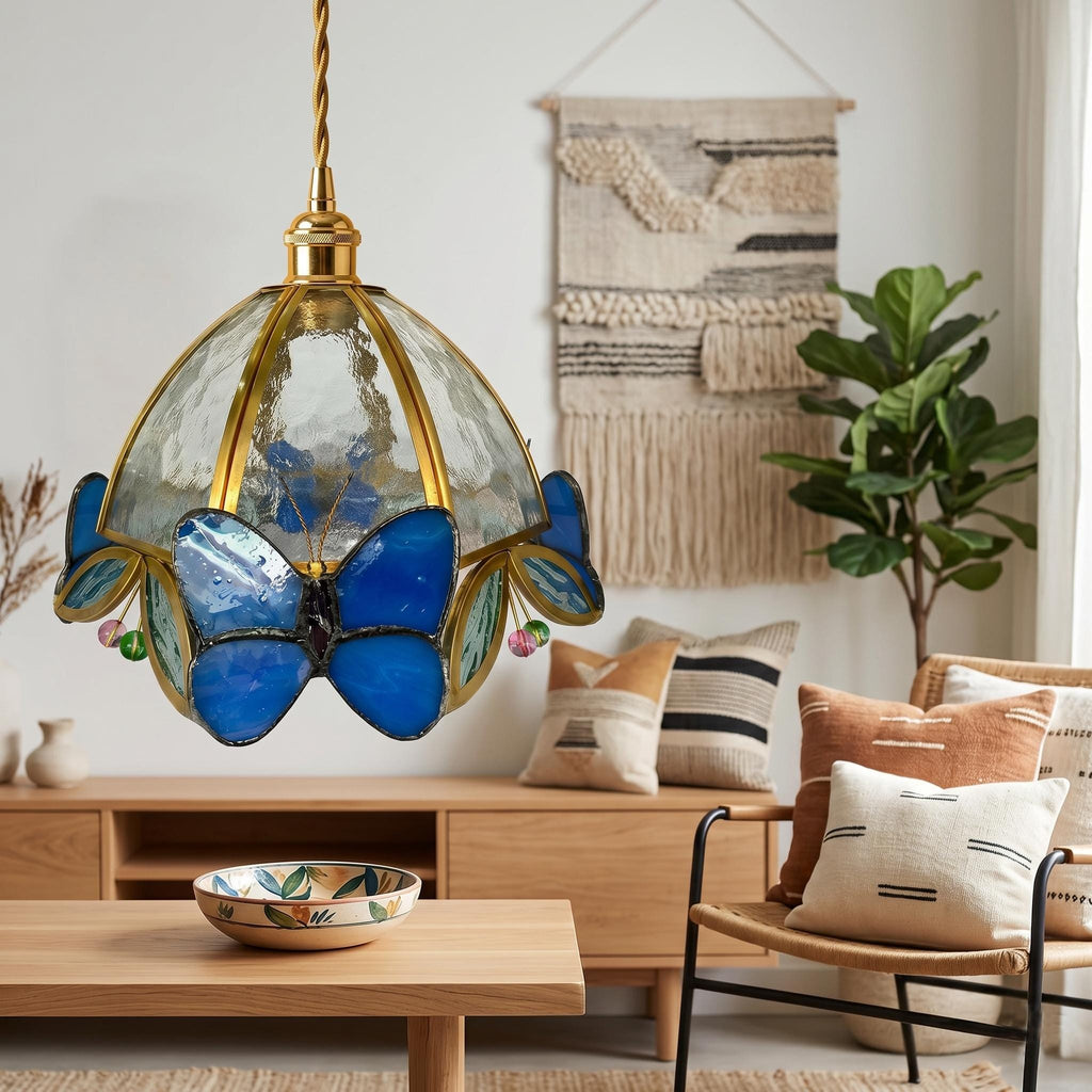 Handmade Butterfly Pendant Light, Stained Glass Hanging Lamp, Blue Butterfly Ceiling Light, Tiffany Style Art Glass Lamp