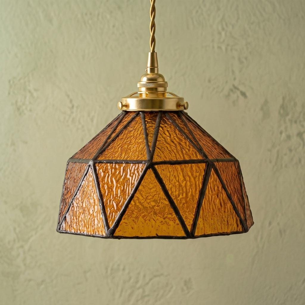 Amber Geometric Stained Glass Pendant Light, Art Deco Gold Ceiling Fixture