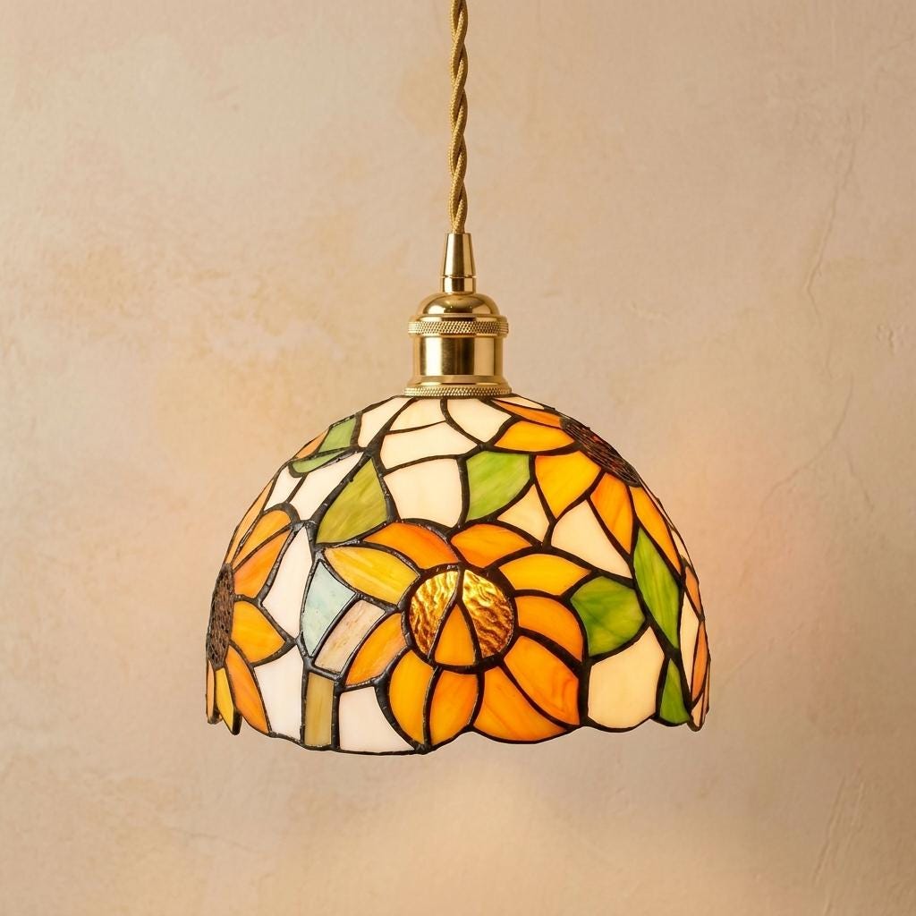 Sunflower Stained Glass Pendant Light, Tiffany Style Floral Hanging Lamp, Orange Green Dome Ceiling Light, Cottagecore Decor