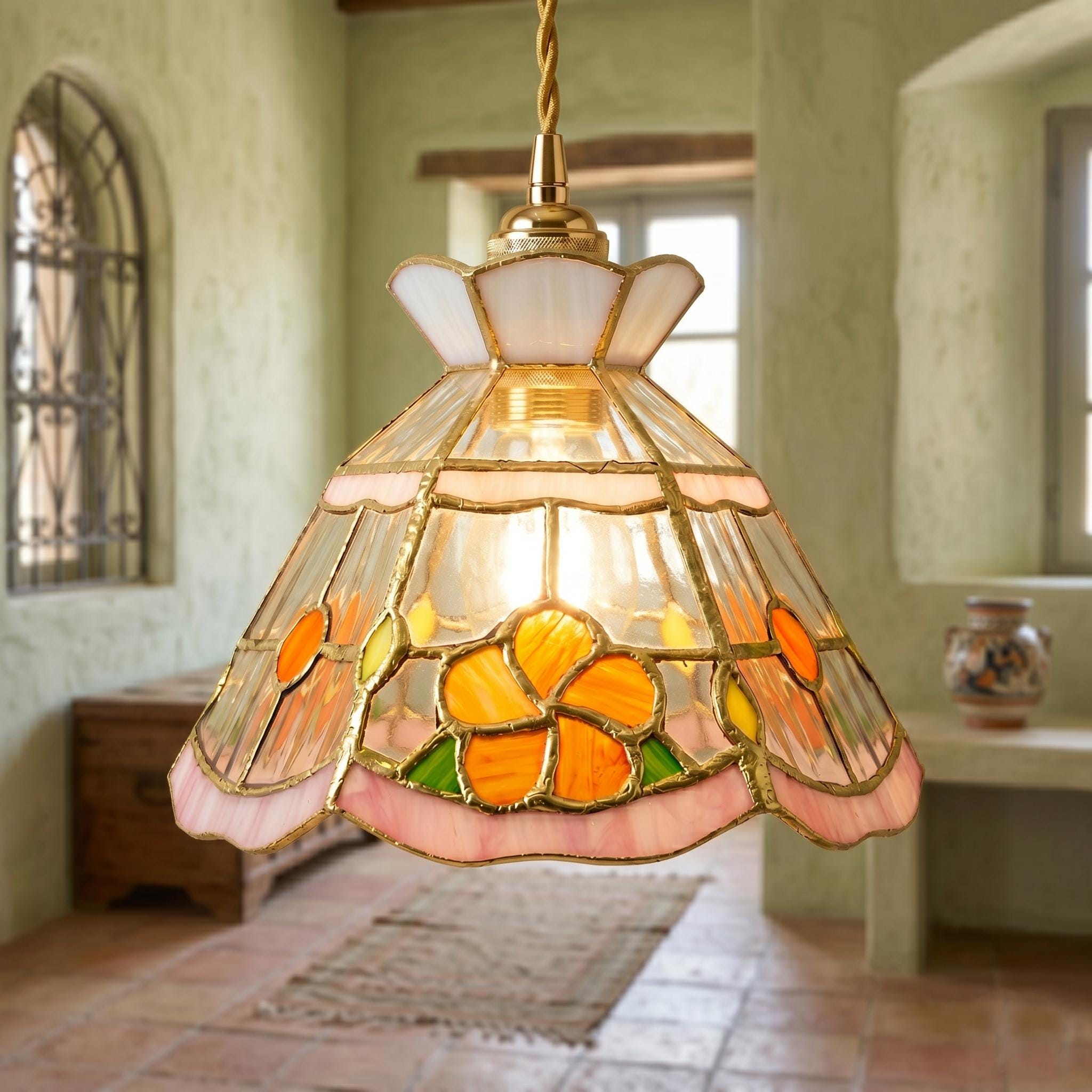 Handmade Stained Glass Pendant Light, Pink Floral Tiffany Style Hanging Lamp, Cottagecore Flower Ceiling Light, Vintage Art Glass Decor