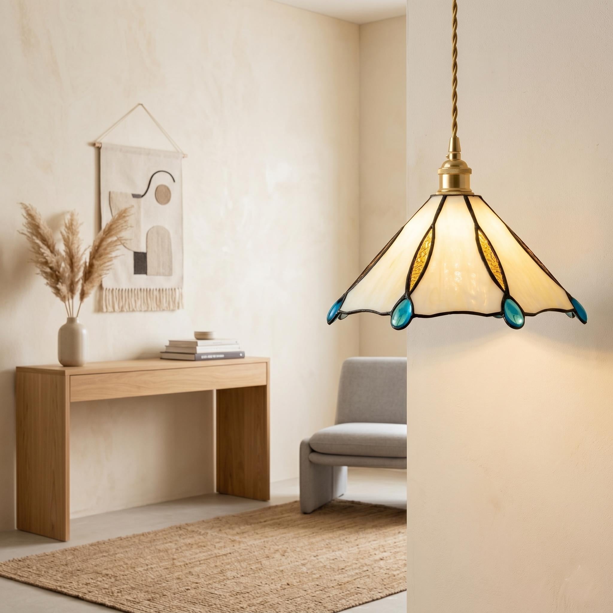 Handmade Stained Glass Pendant Light, Tiffany Style Hanging Lamp, Cream Amber Aqua Glass Ceiling Light, Vintage Cottagecore Kitchen Lighting