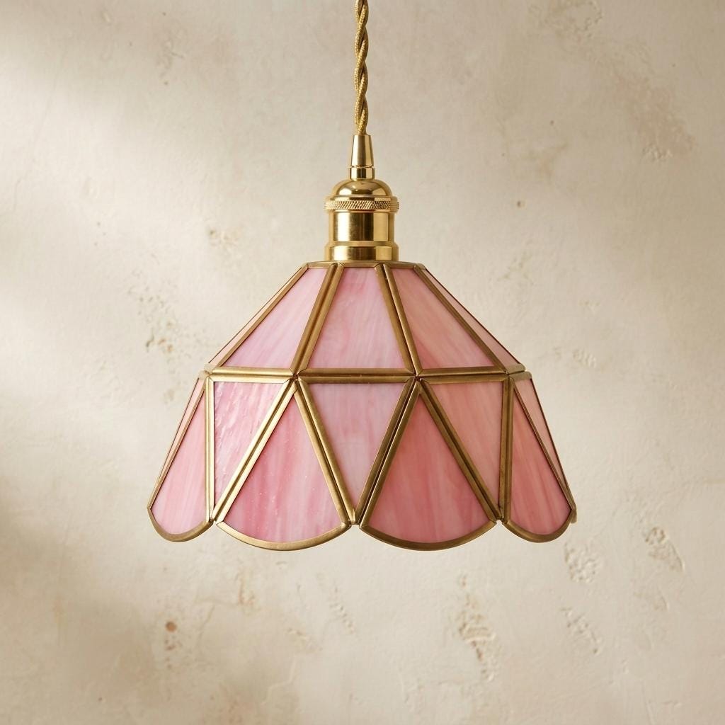 Pink Stained Glass Pendant Light, Scalloped Petal Hanging Lamp, Small Tiffany Style Ceiling Light, Cottagecore Bedroom Decor