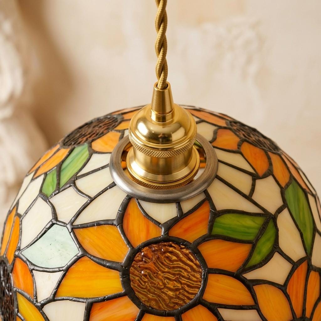 Sunflower Stained Glass Pendant Light, Tiffany Style Floral Hanging Lamp, Orange Green Dome Ceiling Light, Cottagecore Decor