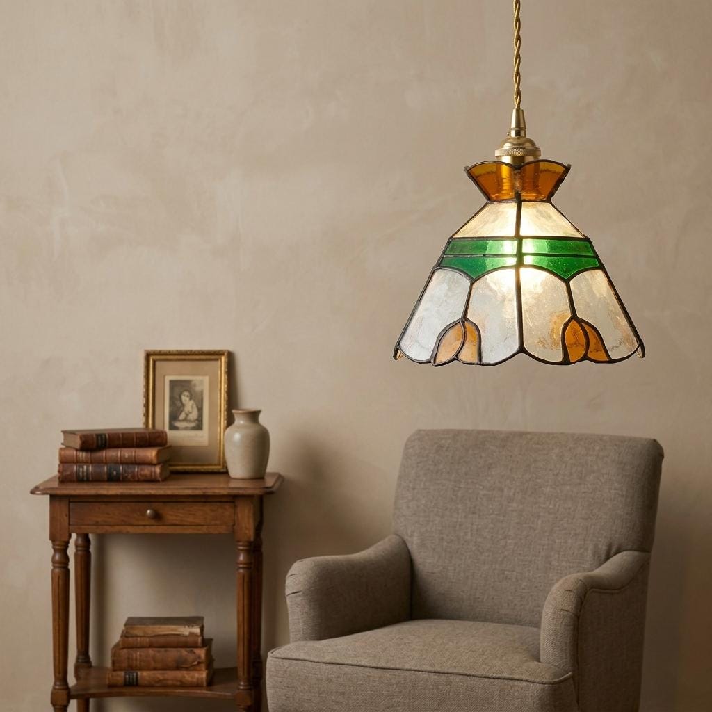 Stained Glass Lamp Shade, Tiffany Style Floral Pendant Light Shade, Green Amber Glass Hanging Lamp, Small Vintage Sconce Shade