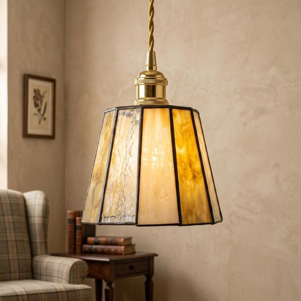 Amber Ivory Stained Glass Pendant Light, Small Tiffany Style Hanging Lamp, Warm Vintage Boho Ceiling Light