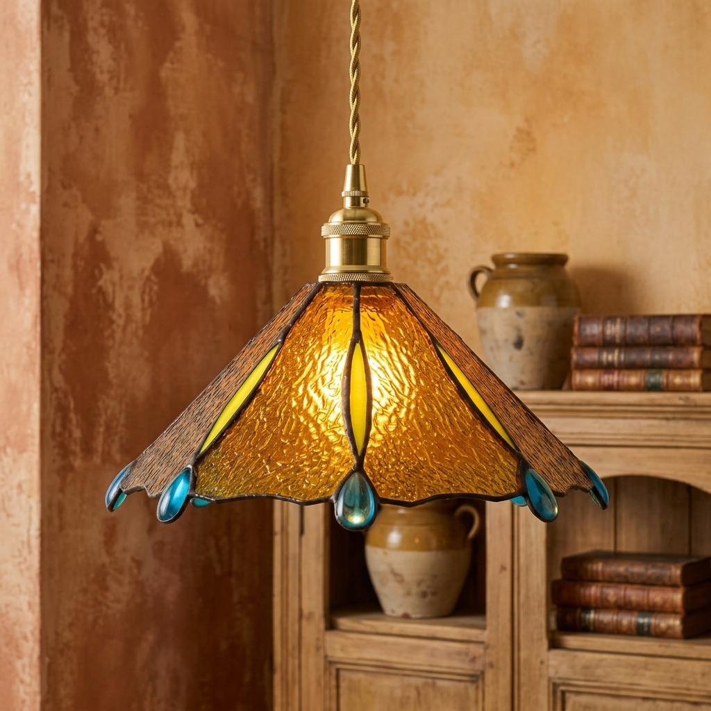 Stained Glass Dragonfly Pendant Lampshade, Amber Tiffany Style Art Glass Shade, Handmade Hanging Light Shade, Boho Cottage Decor