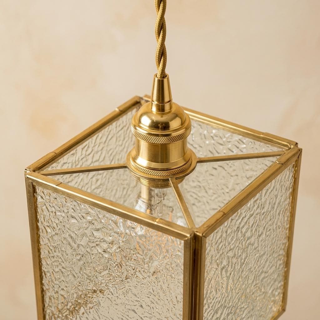 Textured Glass Pendant Light, Square Brass Tone Hanging Lamp, Vintage Style Fixture