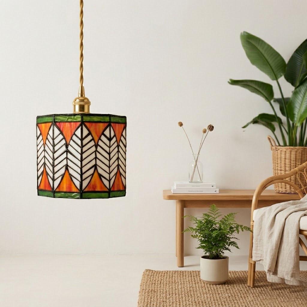 Handmade Stained Glass Pendant Light, Leaf Pattern Hanging Lamp, Tiffany Style Ceiling Light, Green Orange Glass Pendant, Inspired Lighting