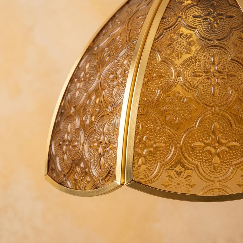 Amber Embossed Floral Glass Pendant Light, Vintage Golden Dome Hanging Lamp