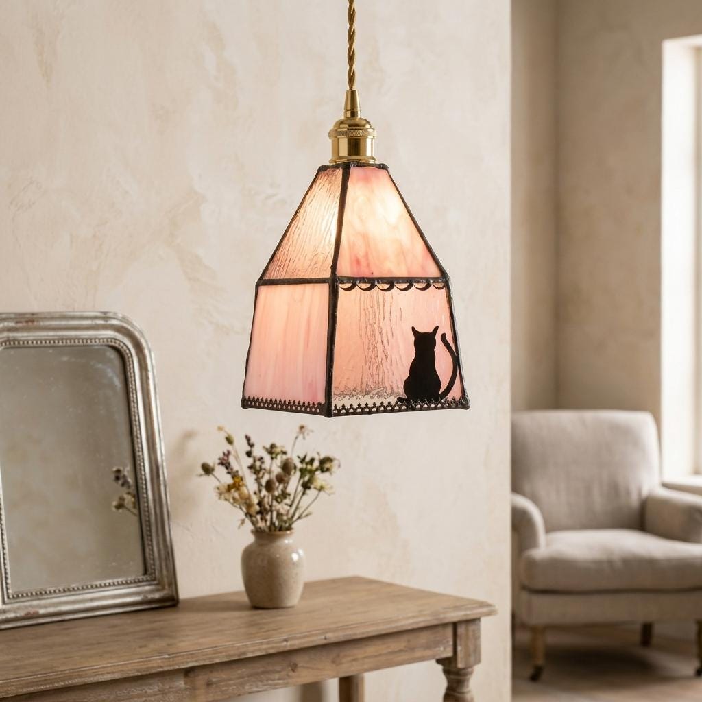 Handmade Pink Stained Glass Cat Lampshade, Vintage Style Replacement Shade