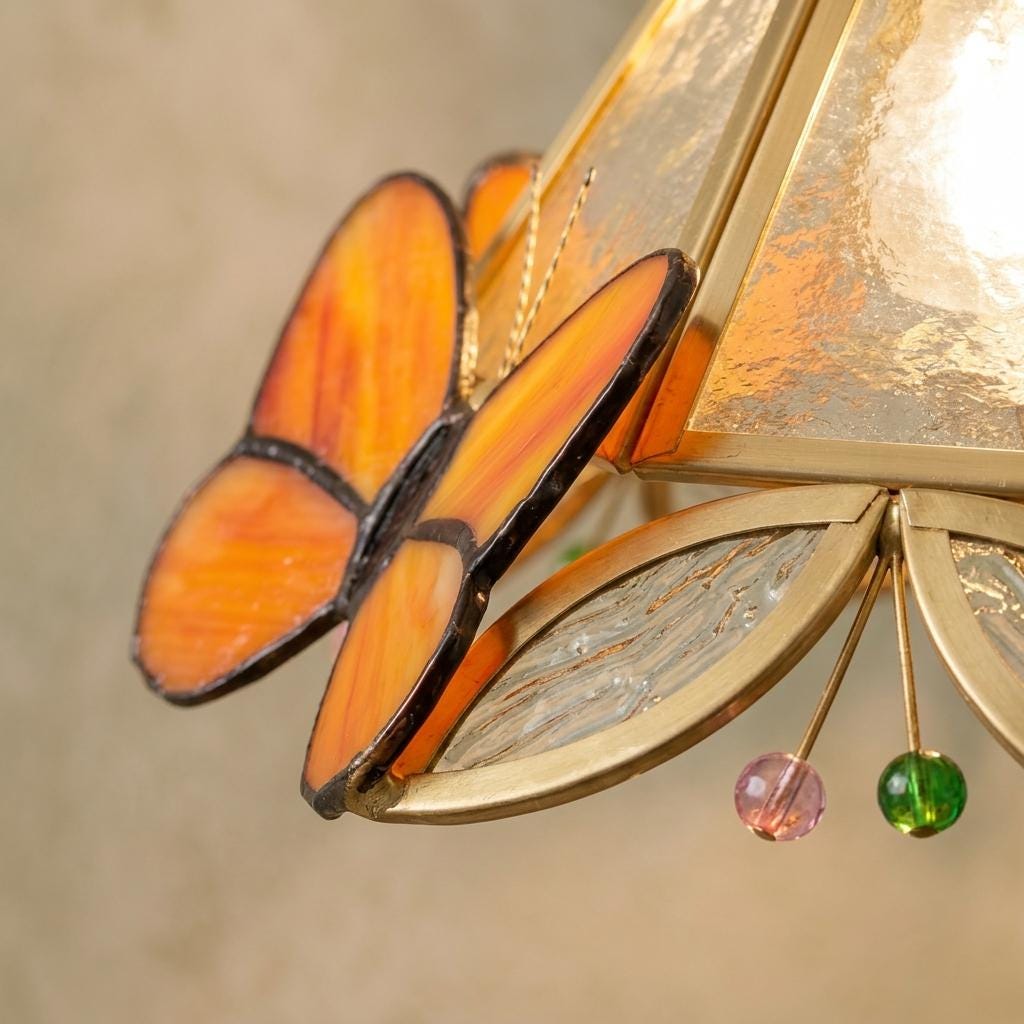Orange Butterfly Stained Glass Pendant Light, Handmade Tiffany Style Hanging Lamp Shade, Vintage Cottagecore Kitchen Decor