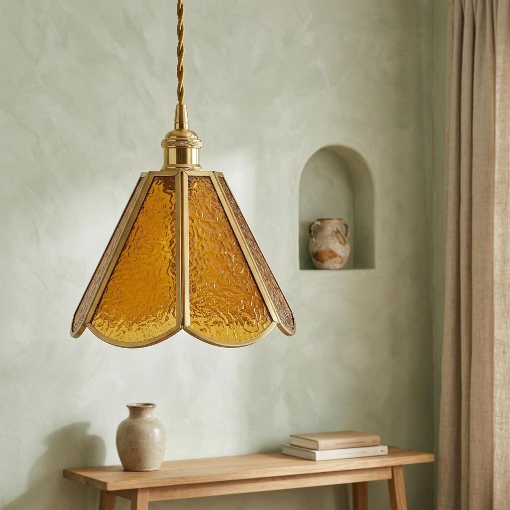 Amber Scalloped Glass Pendant Light, Vintage Style Cottagecore Hanging Lamp