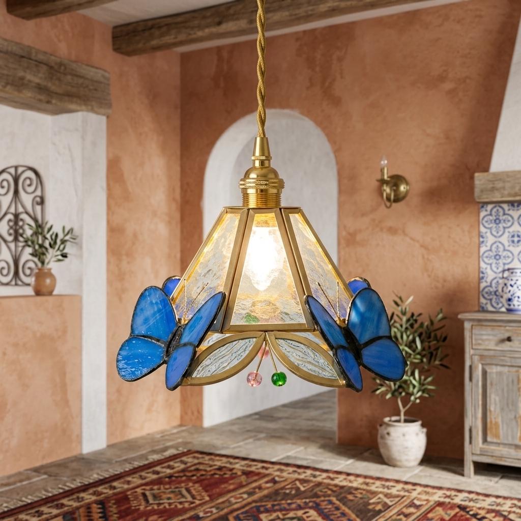 Handmade Stained Glass Butterfly Pendant Light, Blue Butterfly Hanging Lamp, Tiffany Style Glass Lamp Shade, Cottagecore Nature Light Decor
