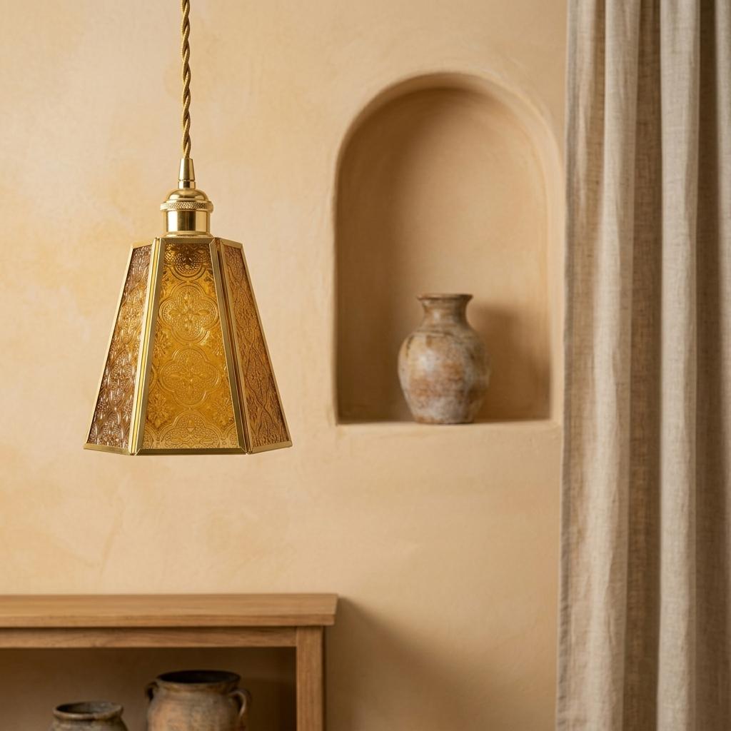 Amber Glass Pendant Light, Ornate Gold Floral Pattern Hanging Lamp