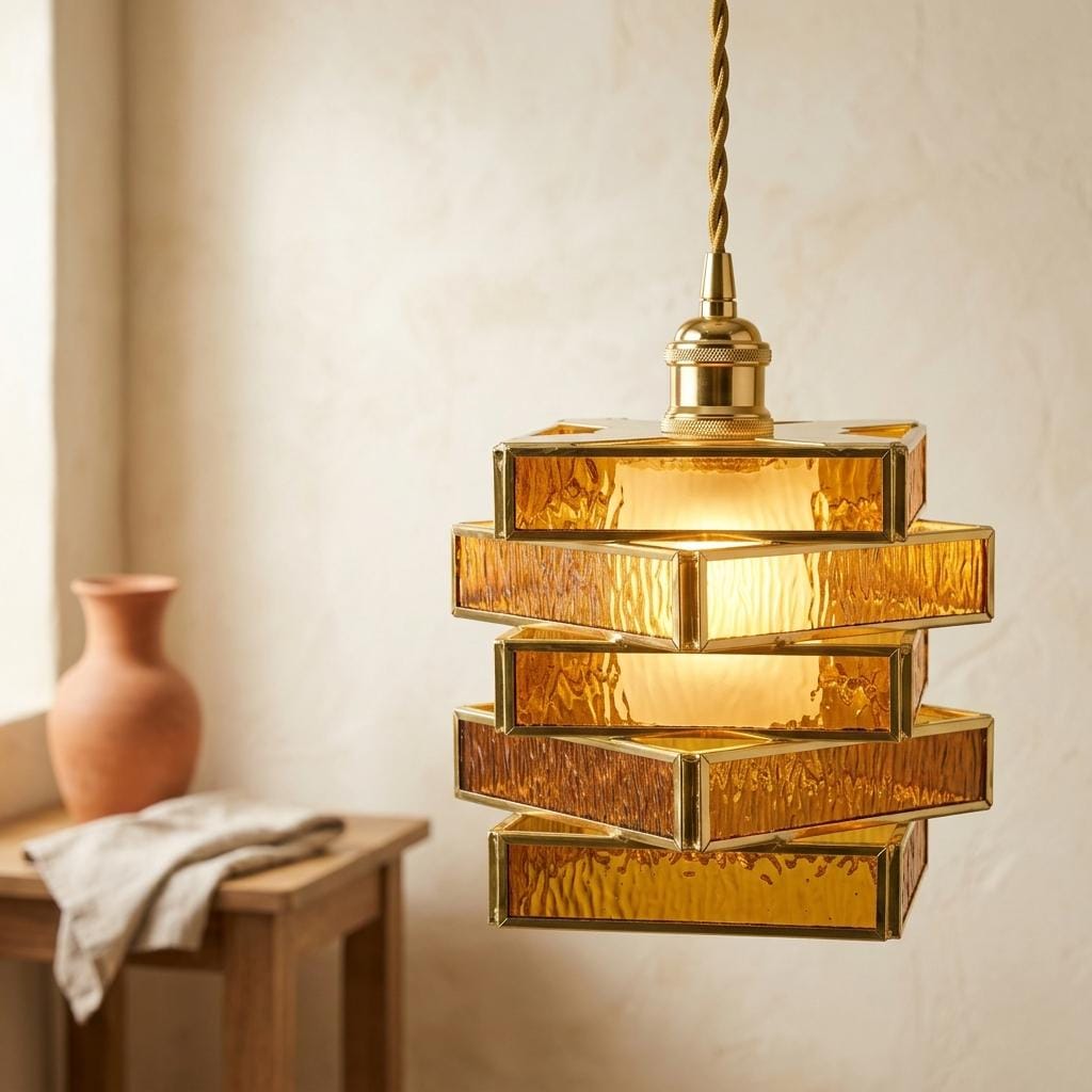 Amber Geometric Stained Glass Pendant Light, Vintage Gold Frame Hanging Lamp Fixture