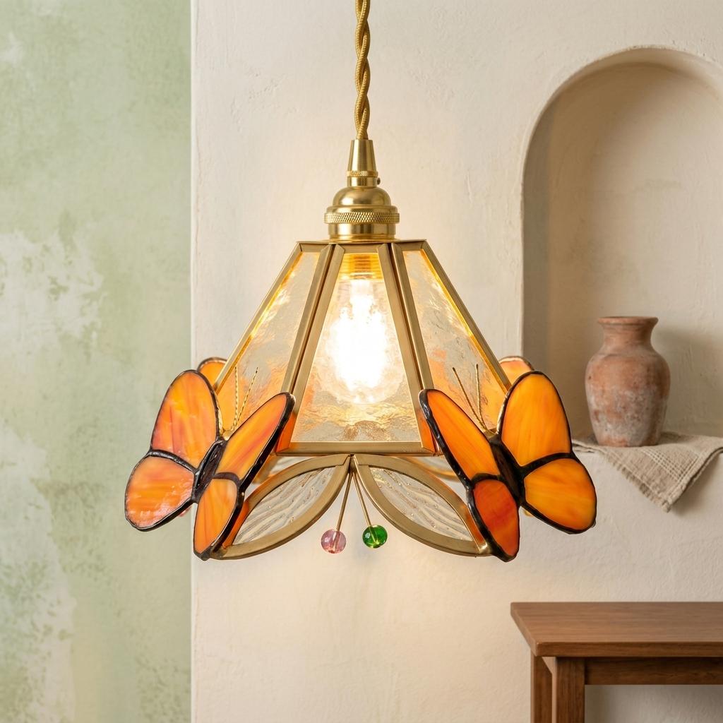 Orange Butterfly Stained Glass Pendant Light, Handmade Tiffany Style Hanging Lamp Shade, Vintage Cottagecore Kitchen Decor