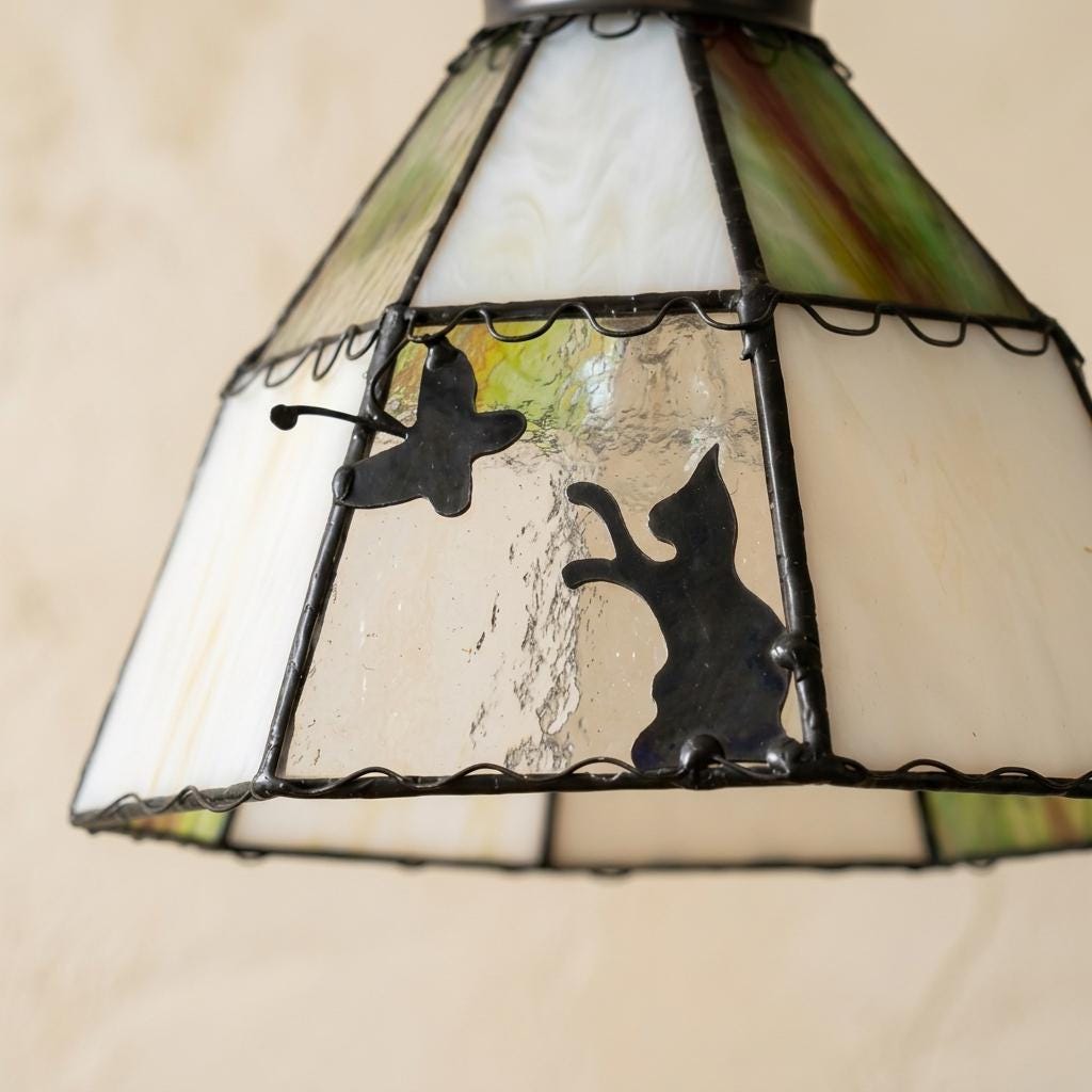 Stained Glass Lamp Shade, Butterfly Cat Tiffany Style Shade, Green Cream Glass Lampshade, Handmade Art Glass Pendant Shade