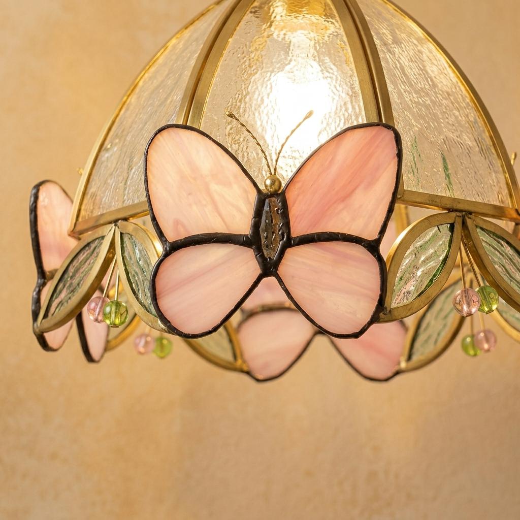 Pink Butterfly Stained Glass Pendant Light, Handmade Tiffany Style Hanging Lamp, Cottagecore Floral Glass Light, Butterfly Ceiling Lamp